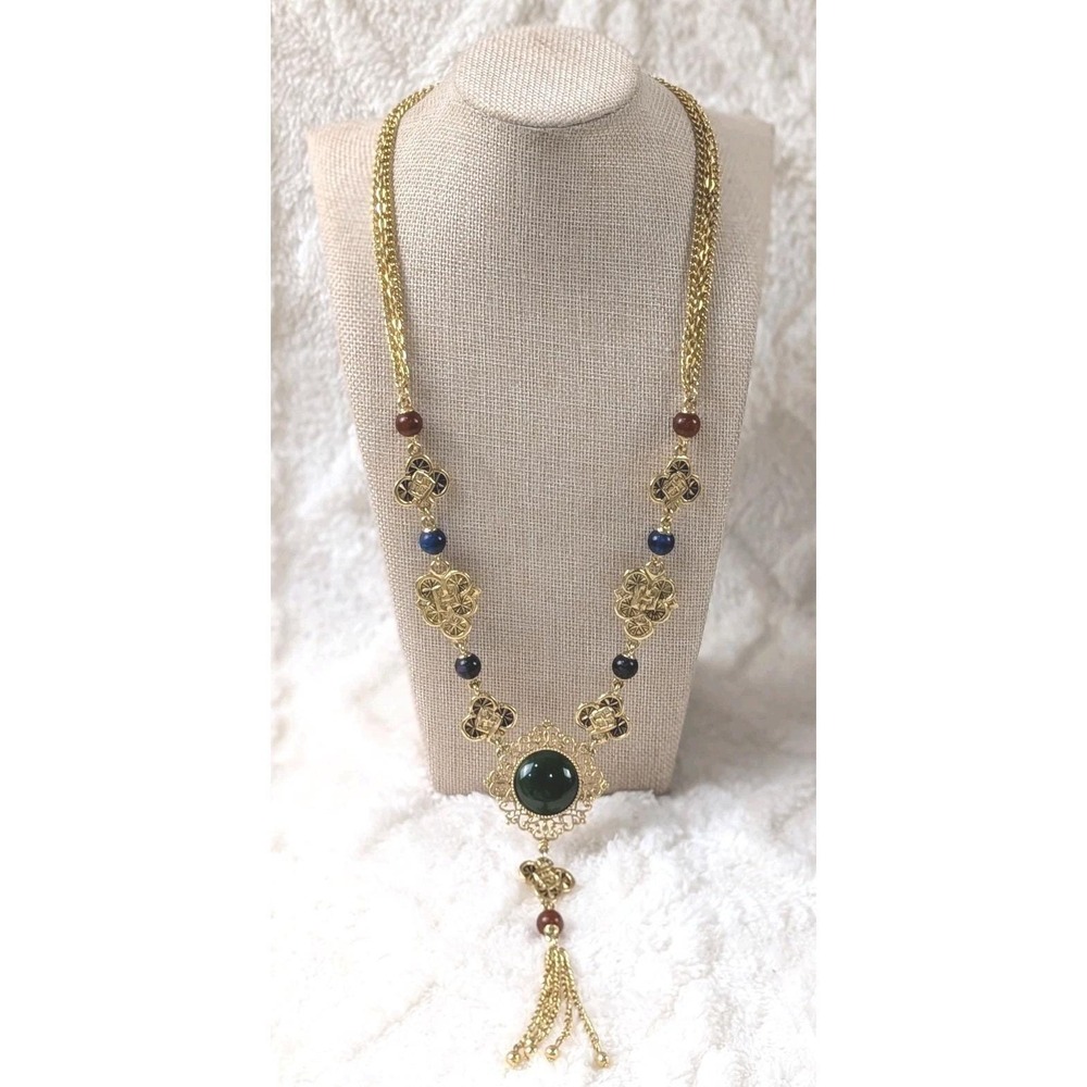 Vintage JJ Jonette Gold Tone Filigree Necklace Green Cabochon Tassel Pendant...